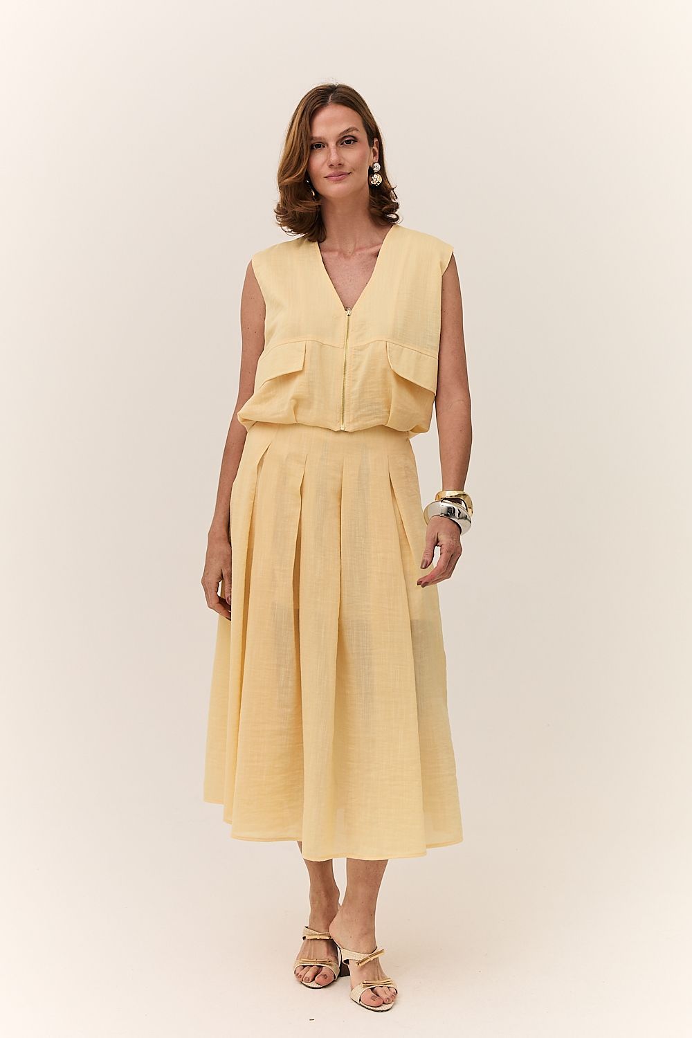 Saia Midi Feminina Pregas Rayon Maitê
