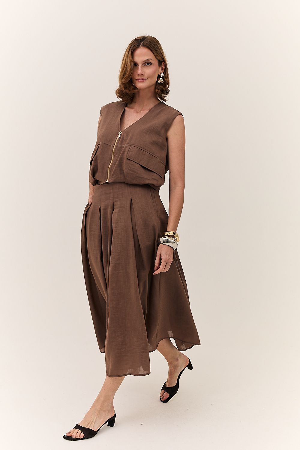 Saia Midi Feminina Pregas Rayon Maitê