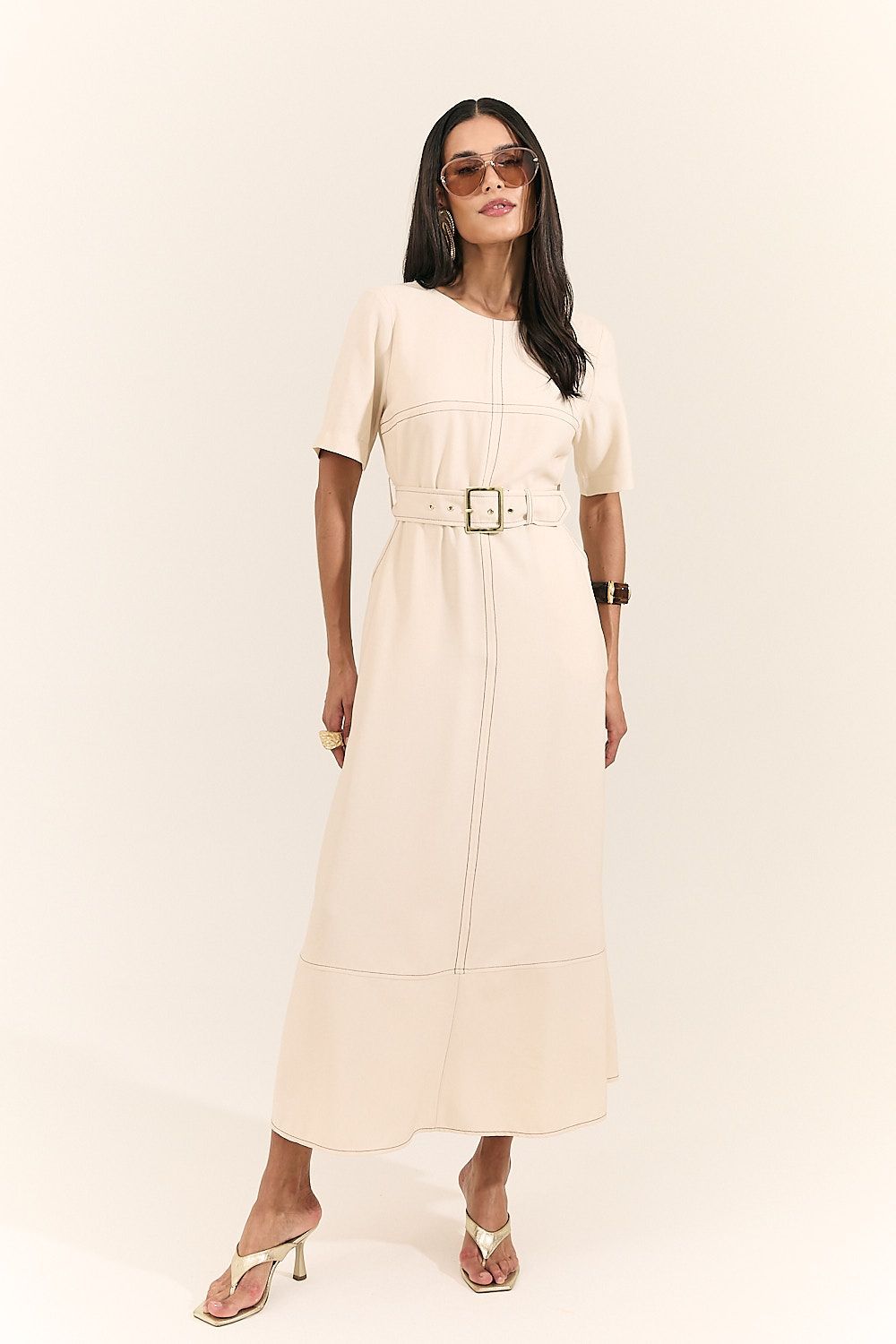 Vestido Midi Pespontado com Cinto Mônica