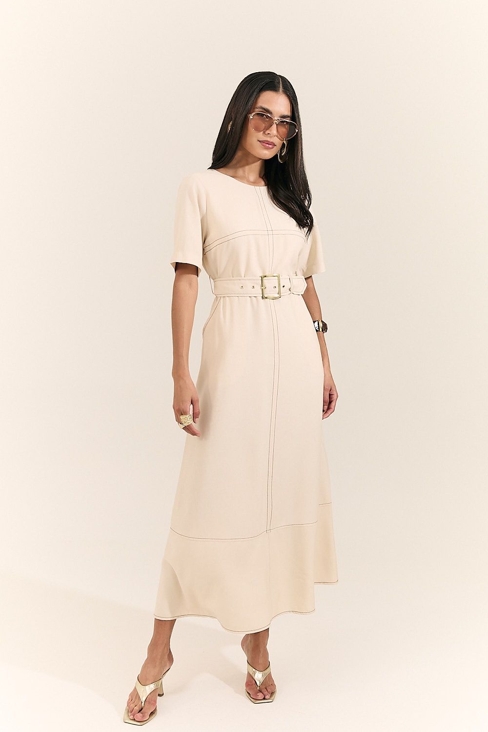Vestido Midi Pespontado com Cinto Mônica