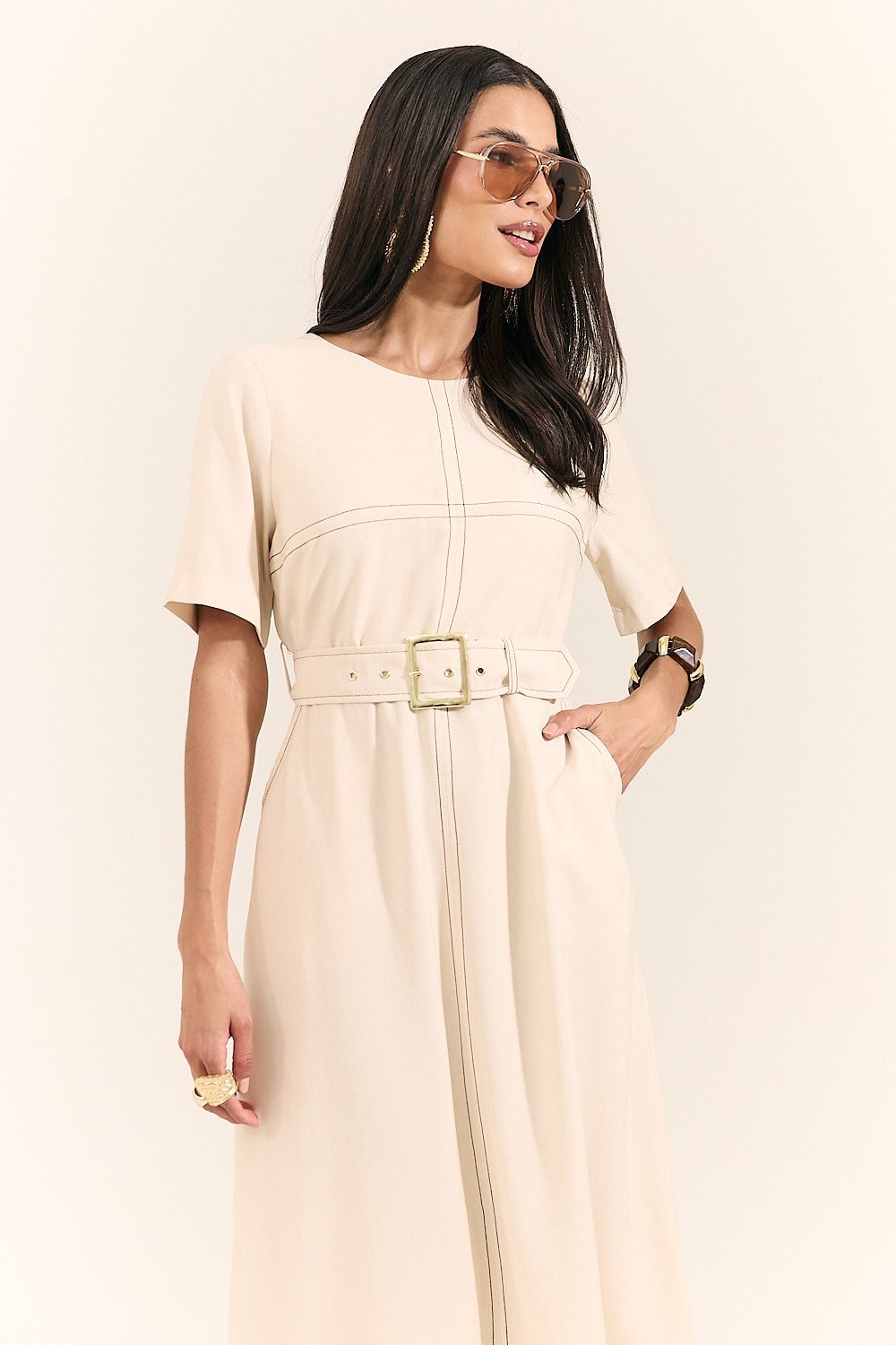 Vestido Midi Pespontado com Cinto Mônica