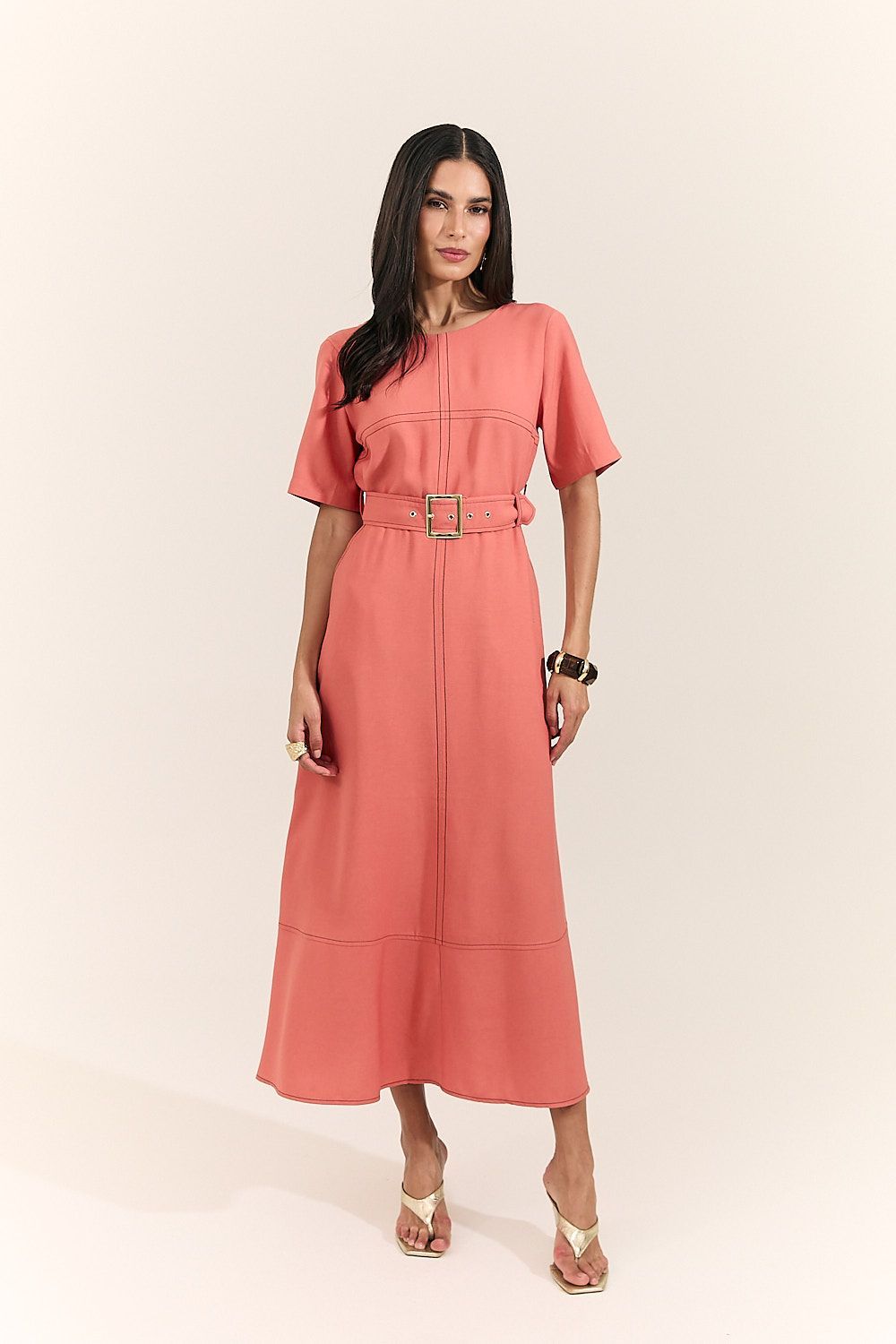 Vestido Midi Pespontado com Cinto Mônica