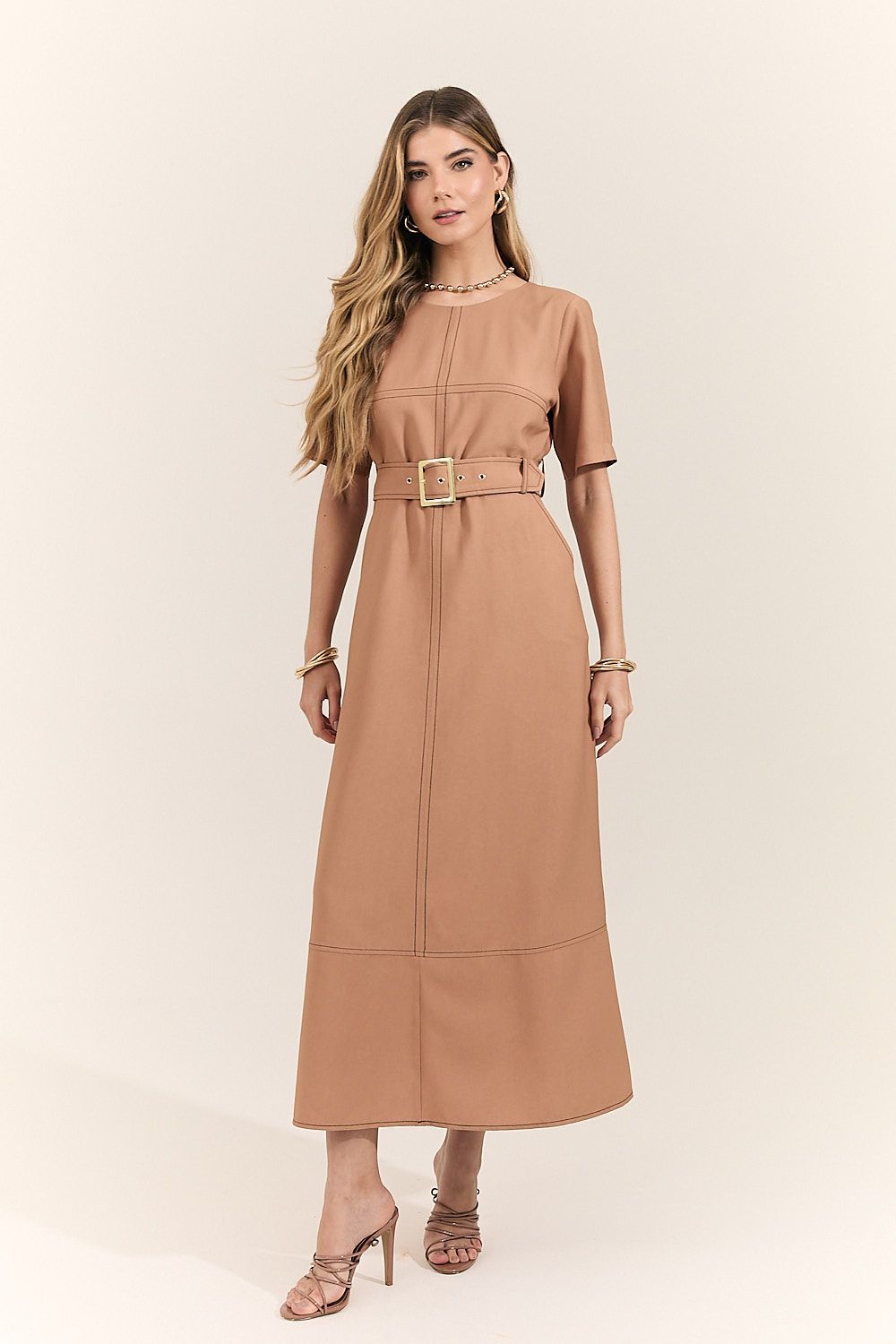 Vestido Midi Pespontado com Cinto Mônica