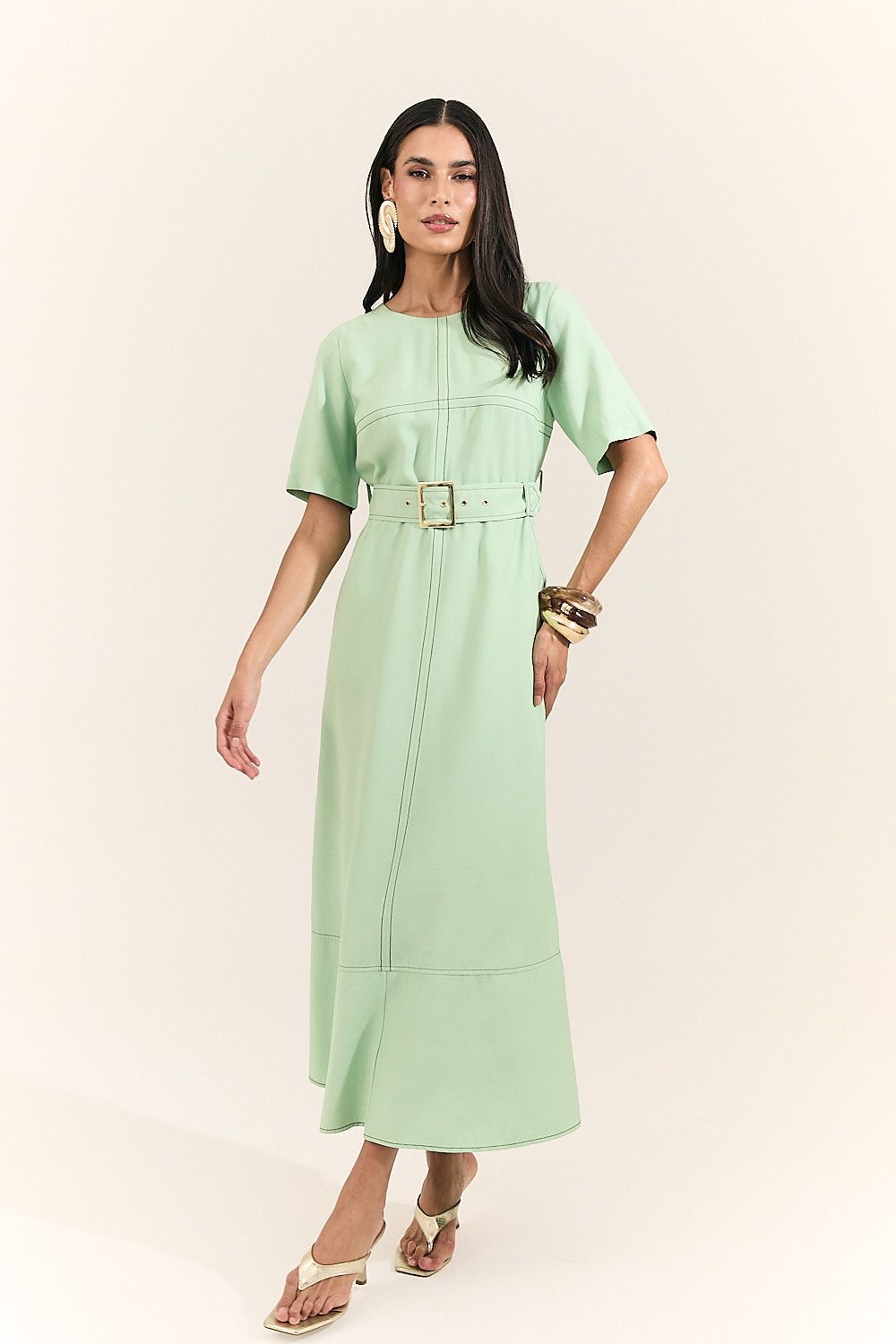 Vestido Midi Pespontado com Cinto Mônica