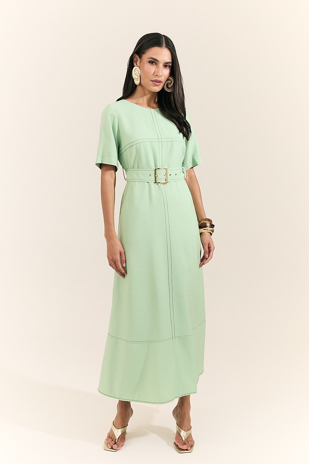 Vestido Midi Pespontado com Cinto Mônica