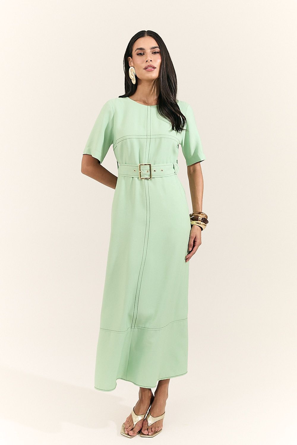 Vestido Midi Pespontado com Cinto Mônica
