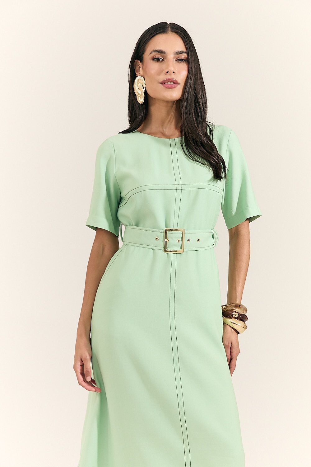 Vestido Midi Pespontado com Cinto Mônica