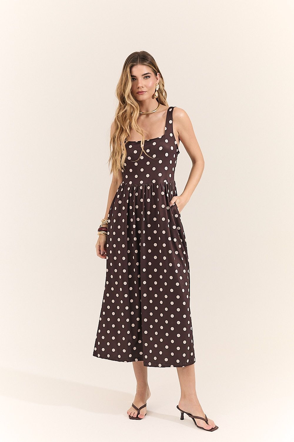 Vestido Midi Evasê em Poá Alice