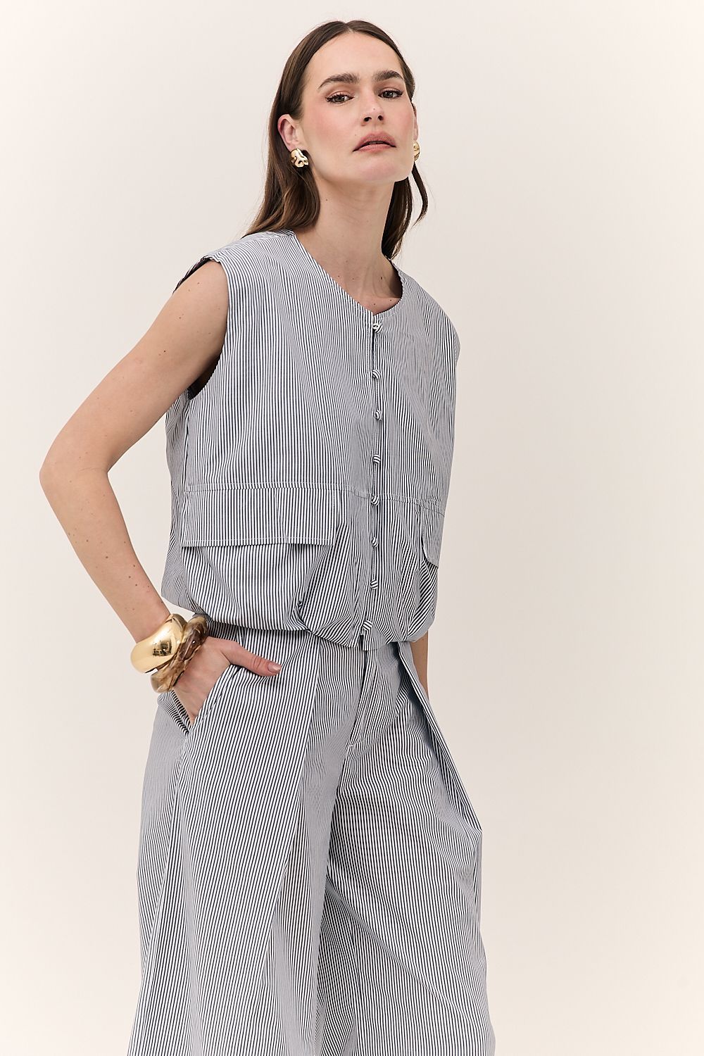 Calça Feminina Listrada Prega Elisa
