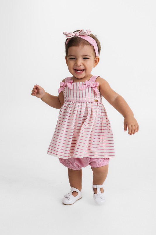 Vestido Bebê Risca de Giz Rosa