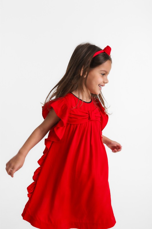 Vestido Infantil Laço E Babado Vermelho