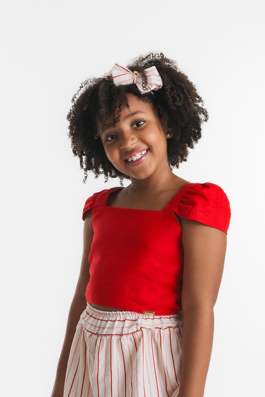 Cropped Infantil Vermelho Manguinha Laço