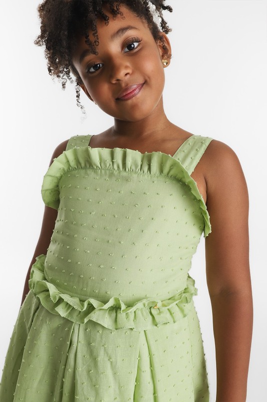 Vestido Infantil Festa Cambraia Verde Frufru