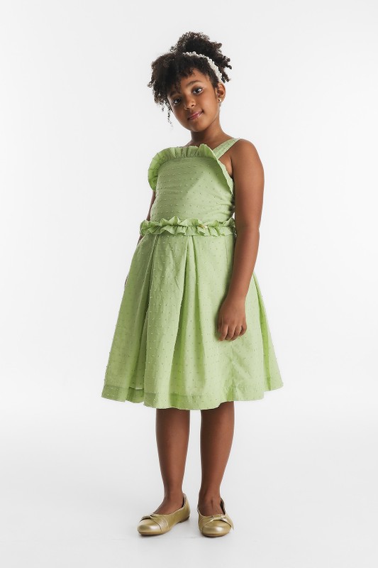 Vestido Infantil Festa Cambraia Verde Frufru