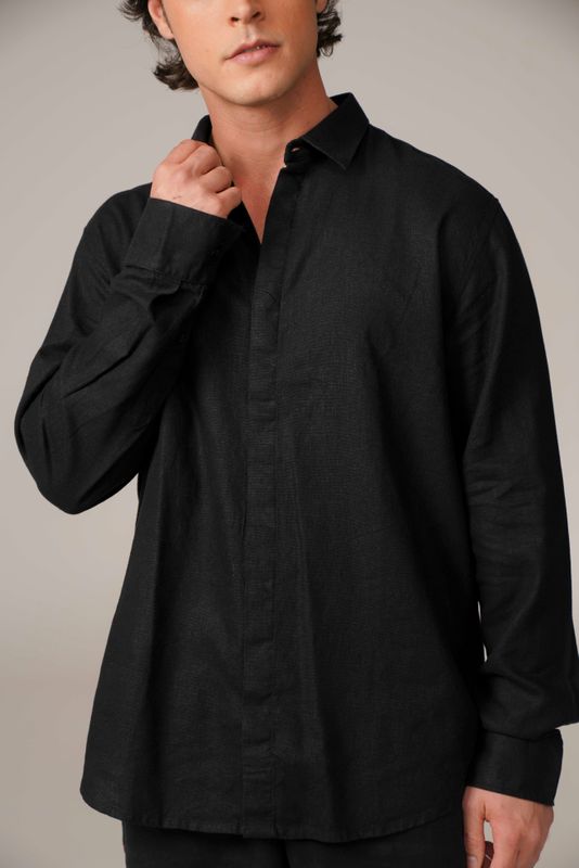 camisa puro linho manga longa preto