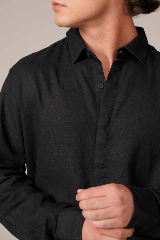 camisa puro linho manga longa preto