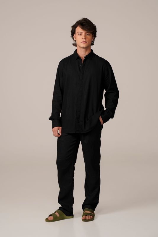 camisa puro linho manga longa preto