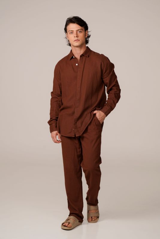 camisa linho manga longa marrom