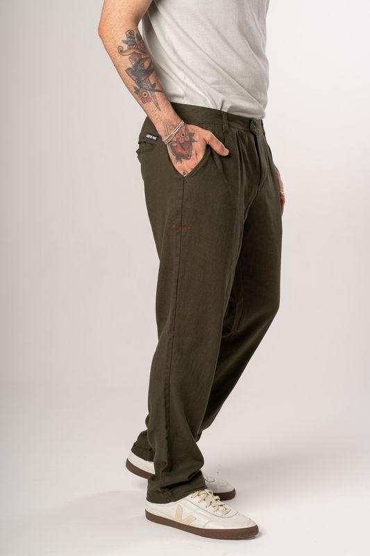 calça alfaiataria linho musgo