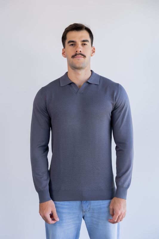 sueter tricot egipcio gola polo cinza