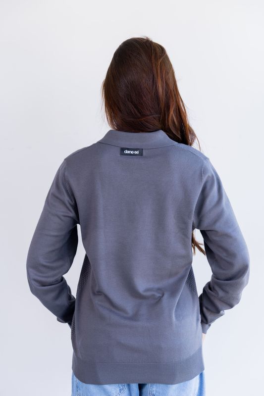 sueter tricot egipcio gola polo cinza