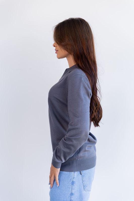 sueter tricot egipcio gola polo cinza