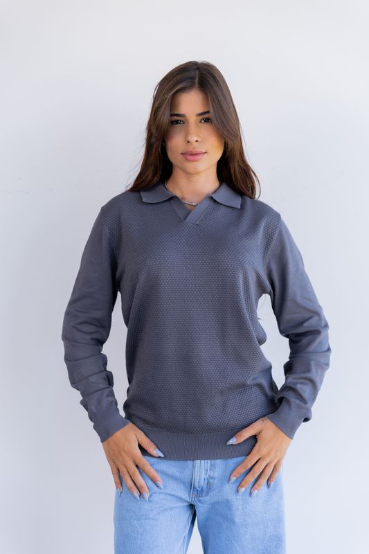 sueter tricot egipcio gola polo cinza