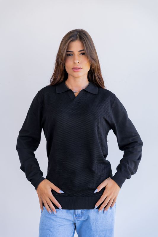 sueter tricot egipcio gola polo preto