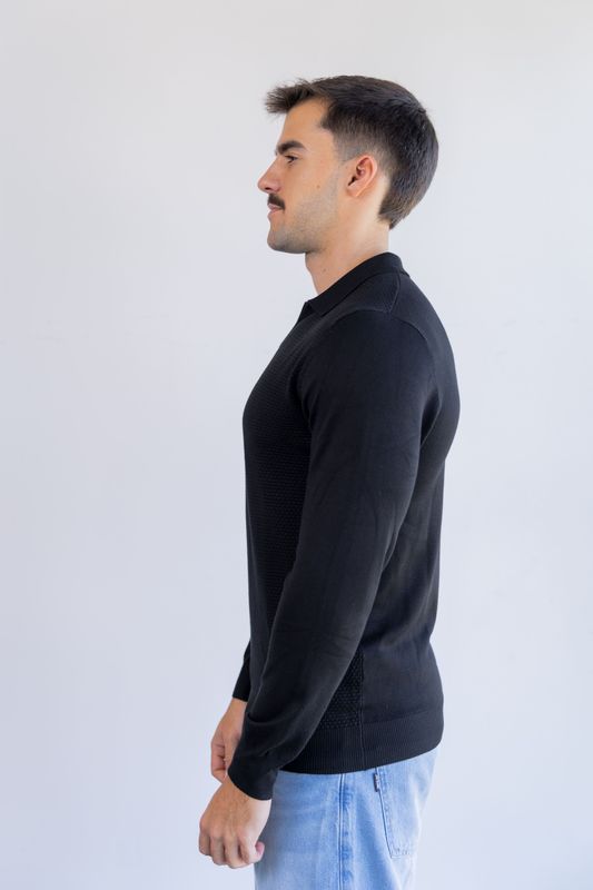 sueter tricot egipcio gola polo preto