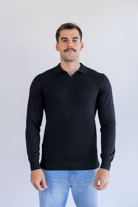 sueter tricot egipcio gola polo preto