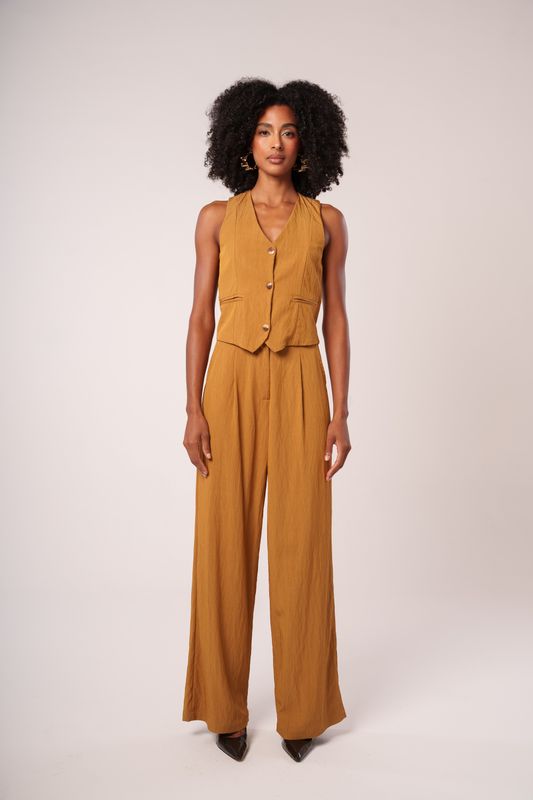 calça alfaiataria wide leg com pregas demerara