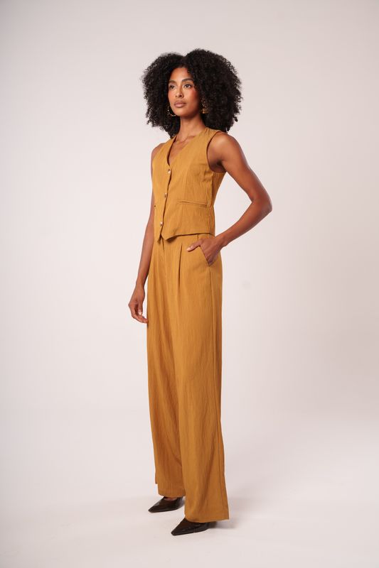 calça alfaiataria wide leg com pregas demerara