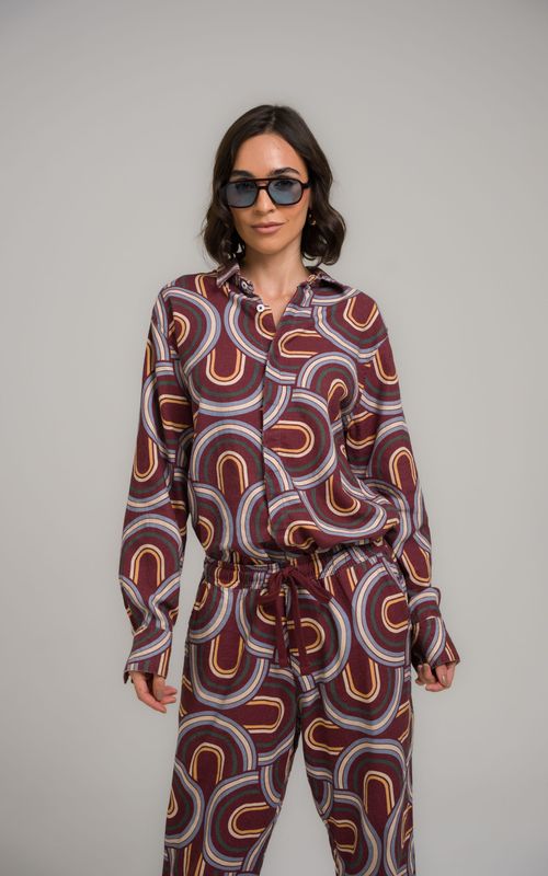 camisa linho manga longa mid century modern estampado
