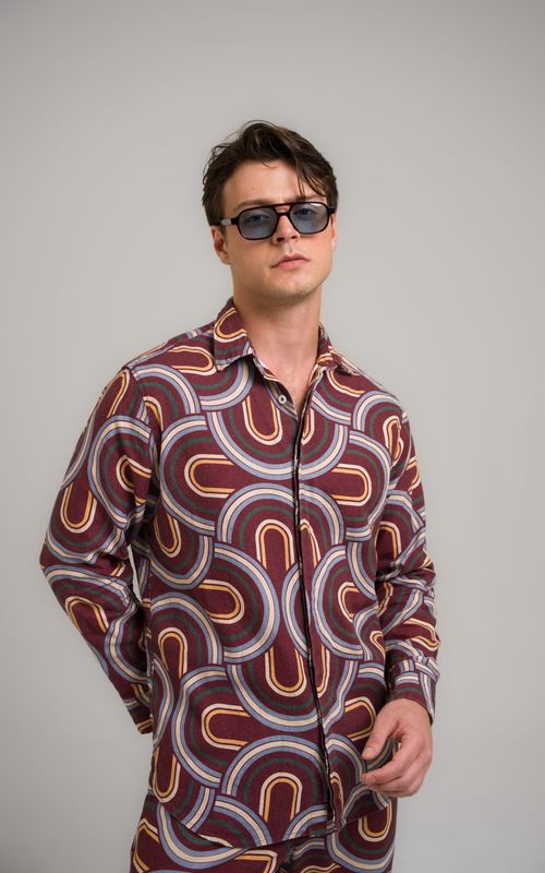 camisa linho manga longa mid century modern estampado