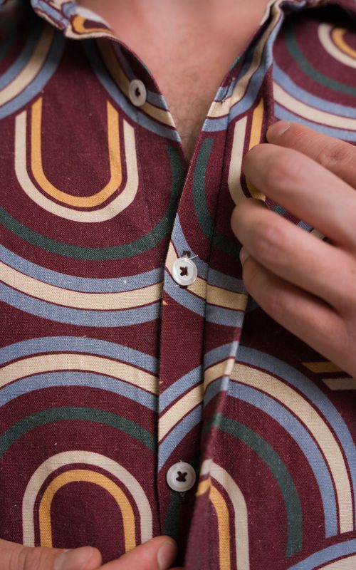 camisa linho manga longa mid century modern estampado